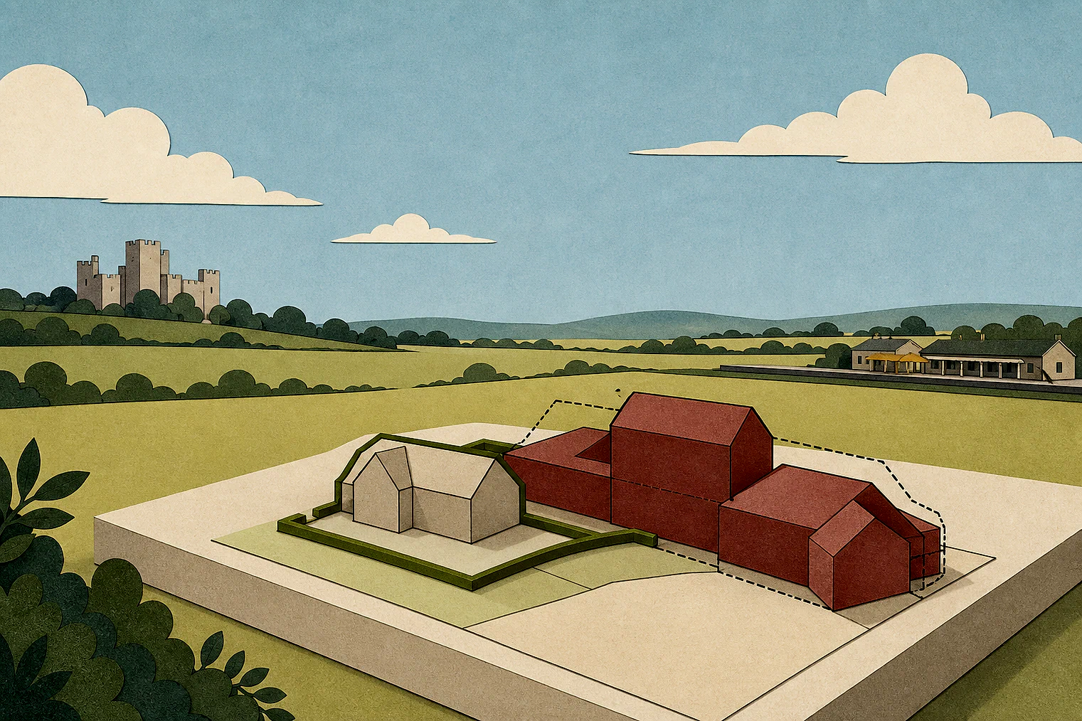 Cut-paper illustration of an imaginary building scale and Green Belt openness planning issue in Ribble Valley, with simplified local landmarks.