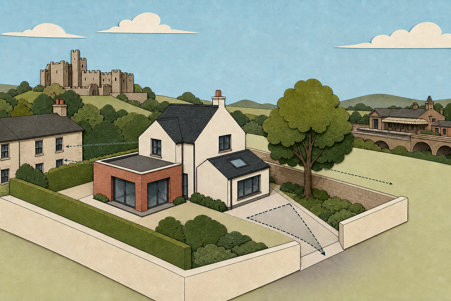 Cut-paper planning illustration for Ribble Valley, showing extensions, neighbours, access and open land near simplified local landmarks.