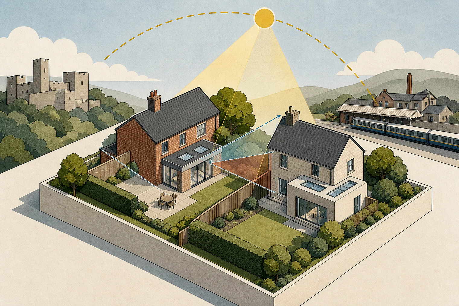 Cut-paper illustration of an imaginary privacy, daylight and neighbour living conditions planning issue in Ribble Valley, with simplified local landmarks.
