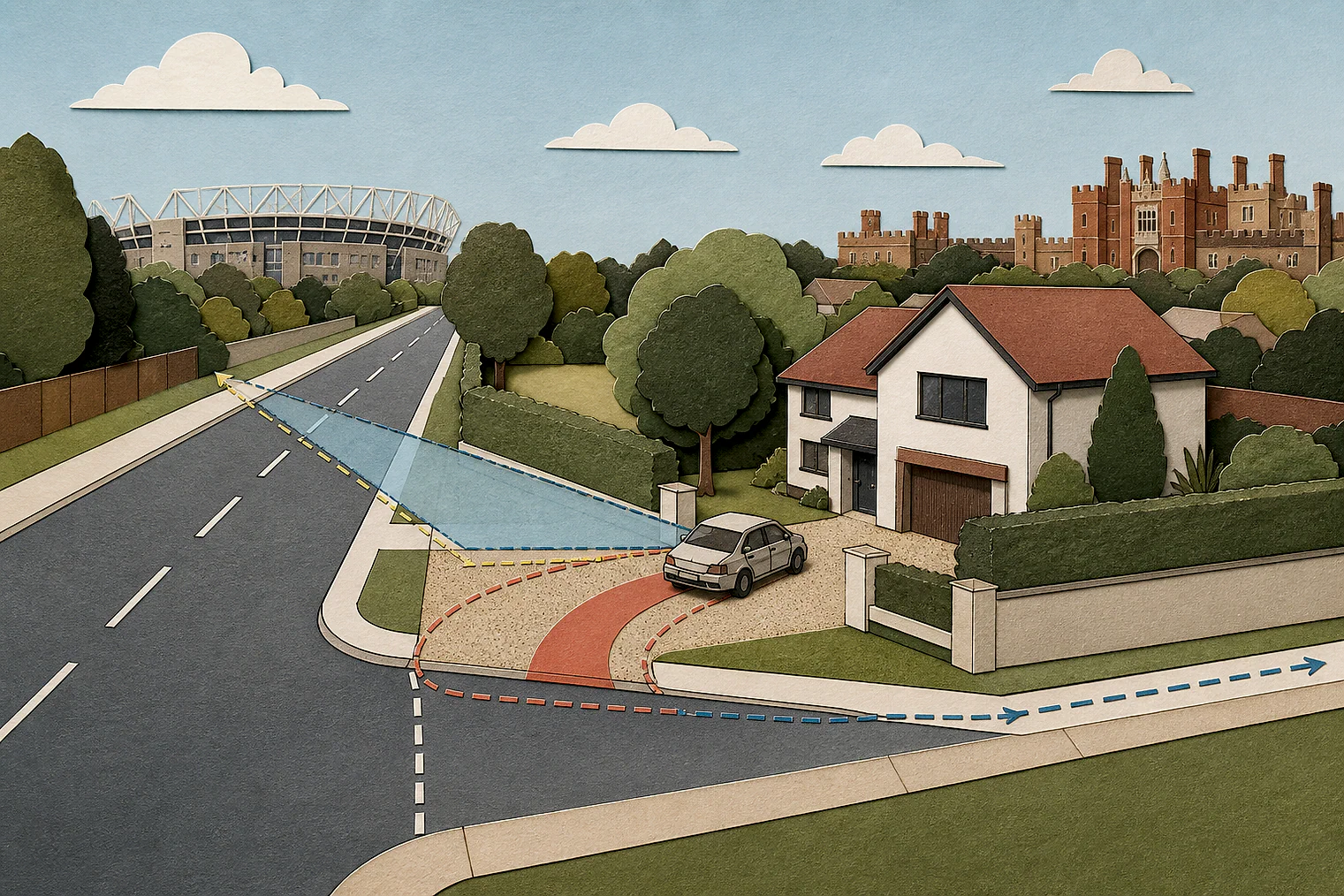 Cut-paper illustration of an imaginary access, visibility and highway safety planning issue in Richmond upon Thames, with simplified local landmarks.
