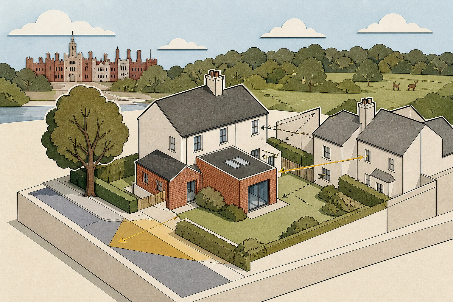 Cut-paper planning illustration for Richmond upon Thames, showing extensions, neighbours, access and open land near simplified local landmarks.