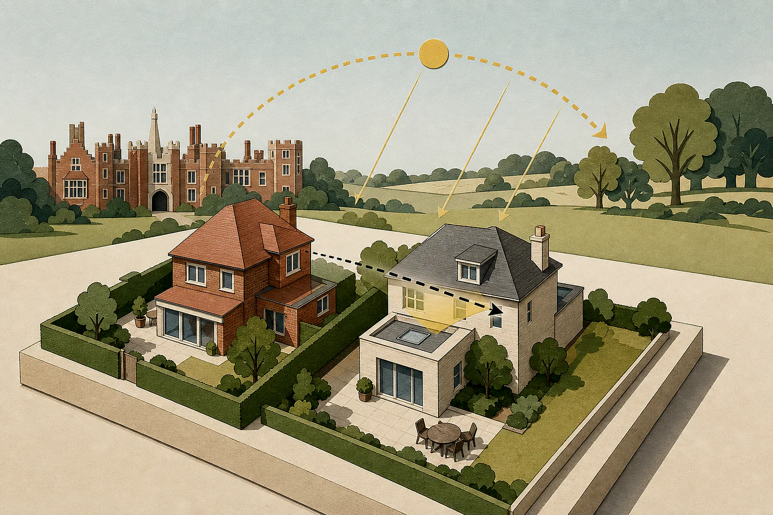 Cut-paper illustration of an imaginary privacy, daylight and neighbour living conditions planning issue in Richmond upon Thames, with simplified local landmarks.