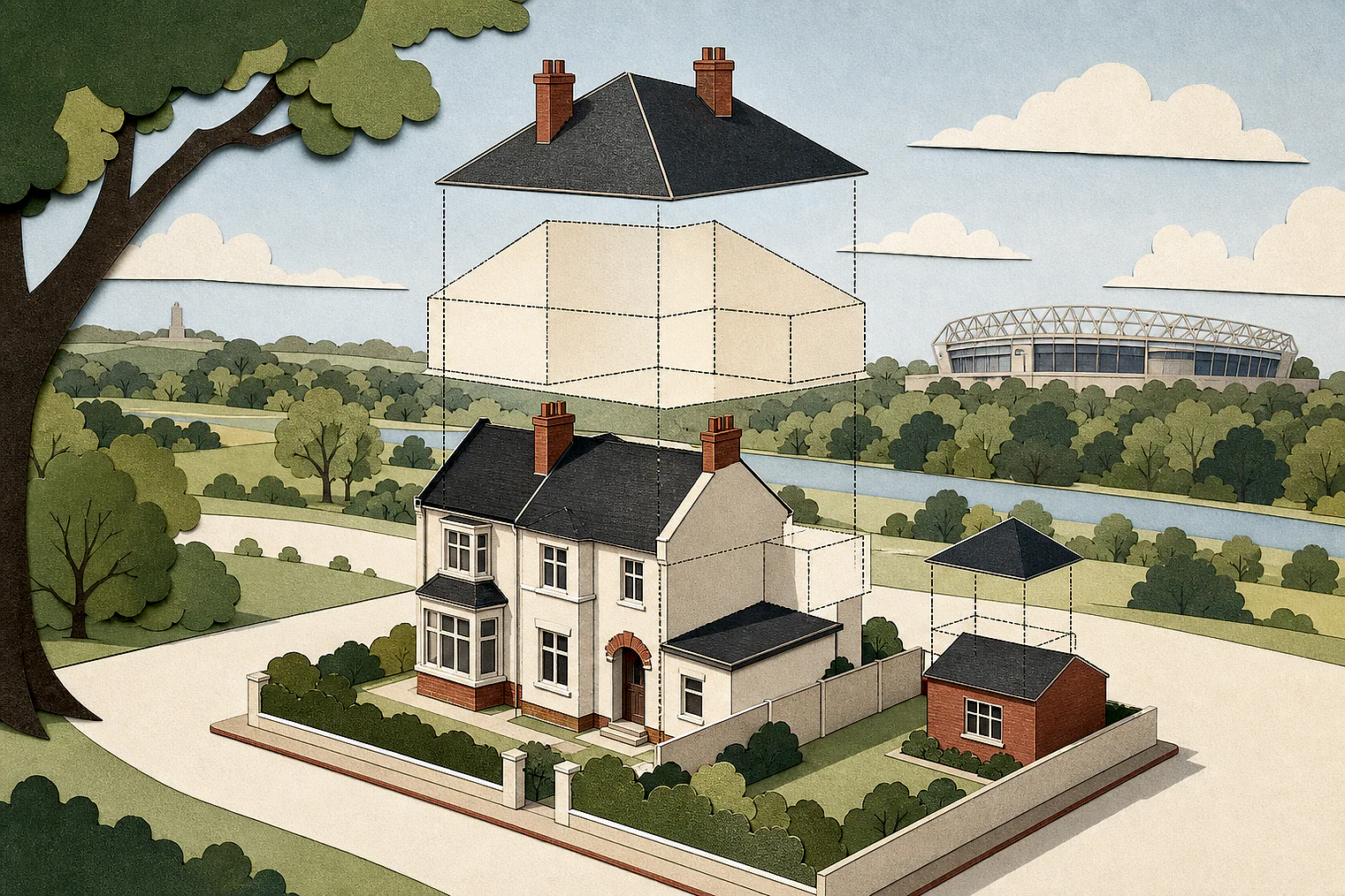 Cut-paper illustration of an imaginary permitted development dimensions and building relationships planning issue in Richmond upon Thames, with simplified local landmarks.