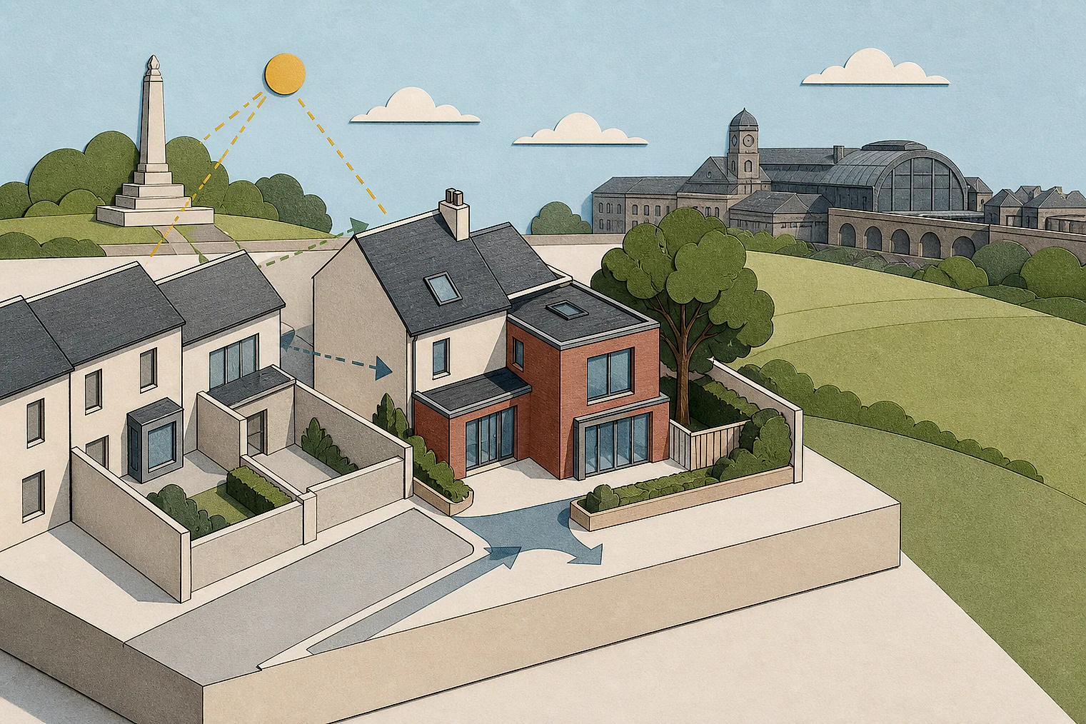 Cut-paper planning illustration for Rochdale Metropolitan, showing extensions, neighbours, access and open land near simplified local landmarks.