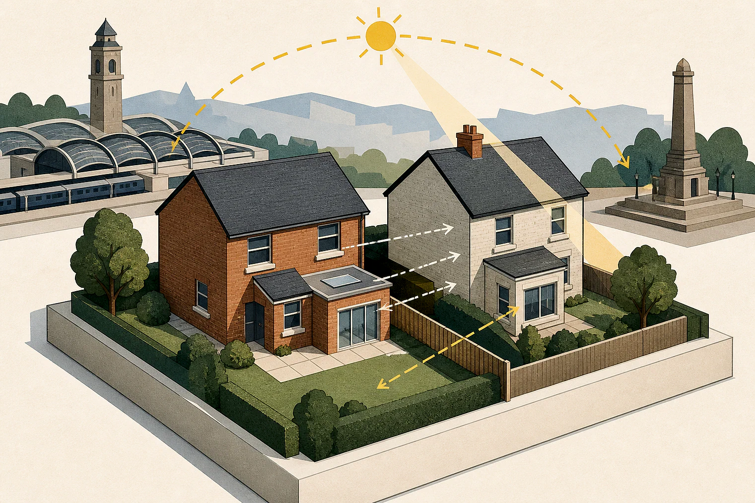 Cut-paper illustration of an imaginary privacy, daylight and neighbour living conditions planning issue in Rochdale Metropolitan, with simplified local landmarks.