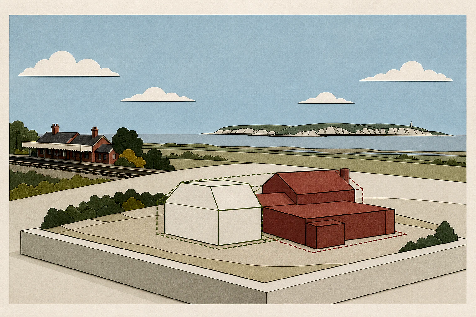 Cut-paper illustration of an imaginary building scale and Green Belt openness planning issue in Rochford, with simplified local landmarks.