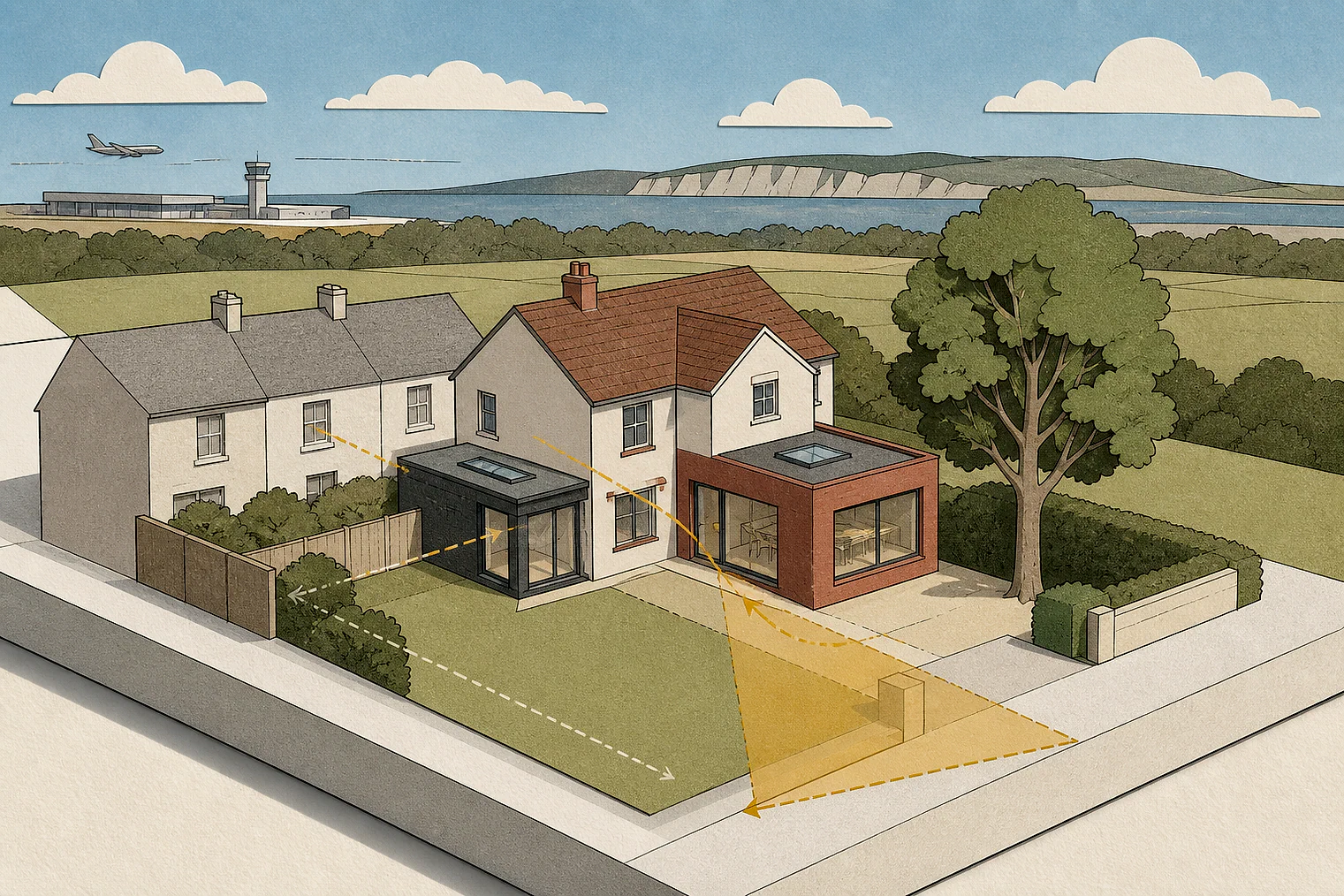 Cut-paper planning illustration for Rochford, showing extensions, neighbours, access and open land near simplified local landmarks.