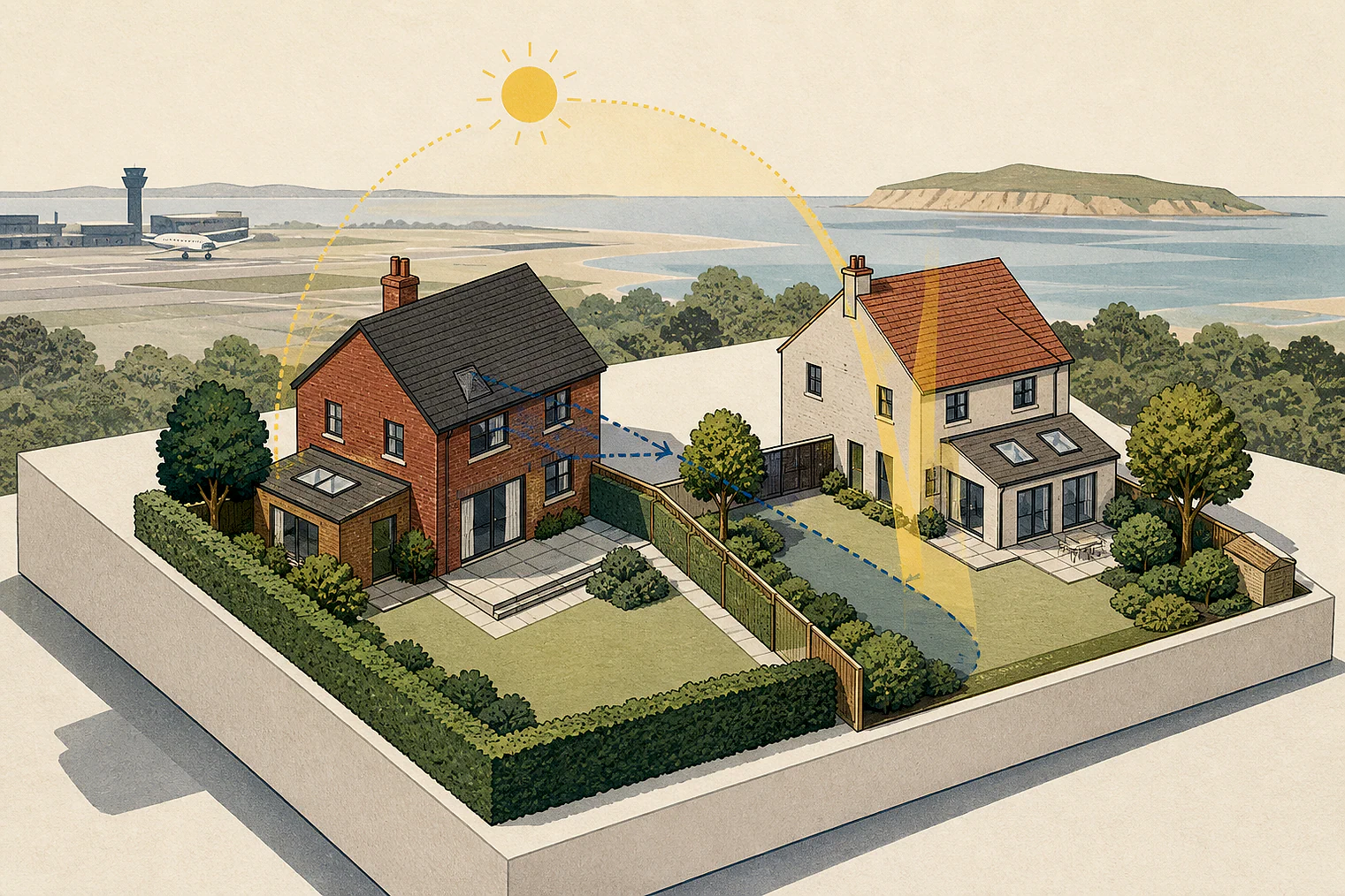 Cut-paper illustration of an imaginary privacy, daylight and neighbour living conditions planning issue in Rochford, with simplified local landmarks.
