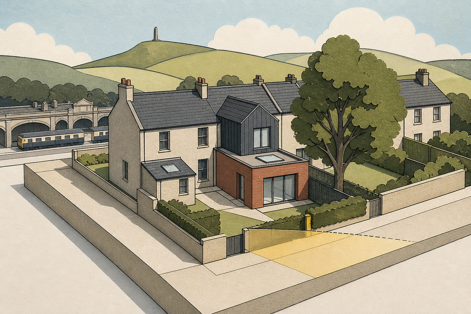 Cut-paper planning illustration for Rossendale, showing extensions, neighbours, access and open land near simplified local landmarks.