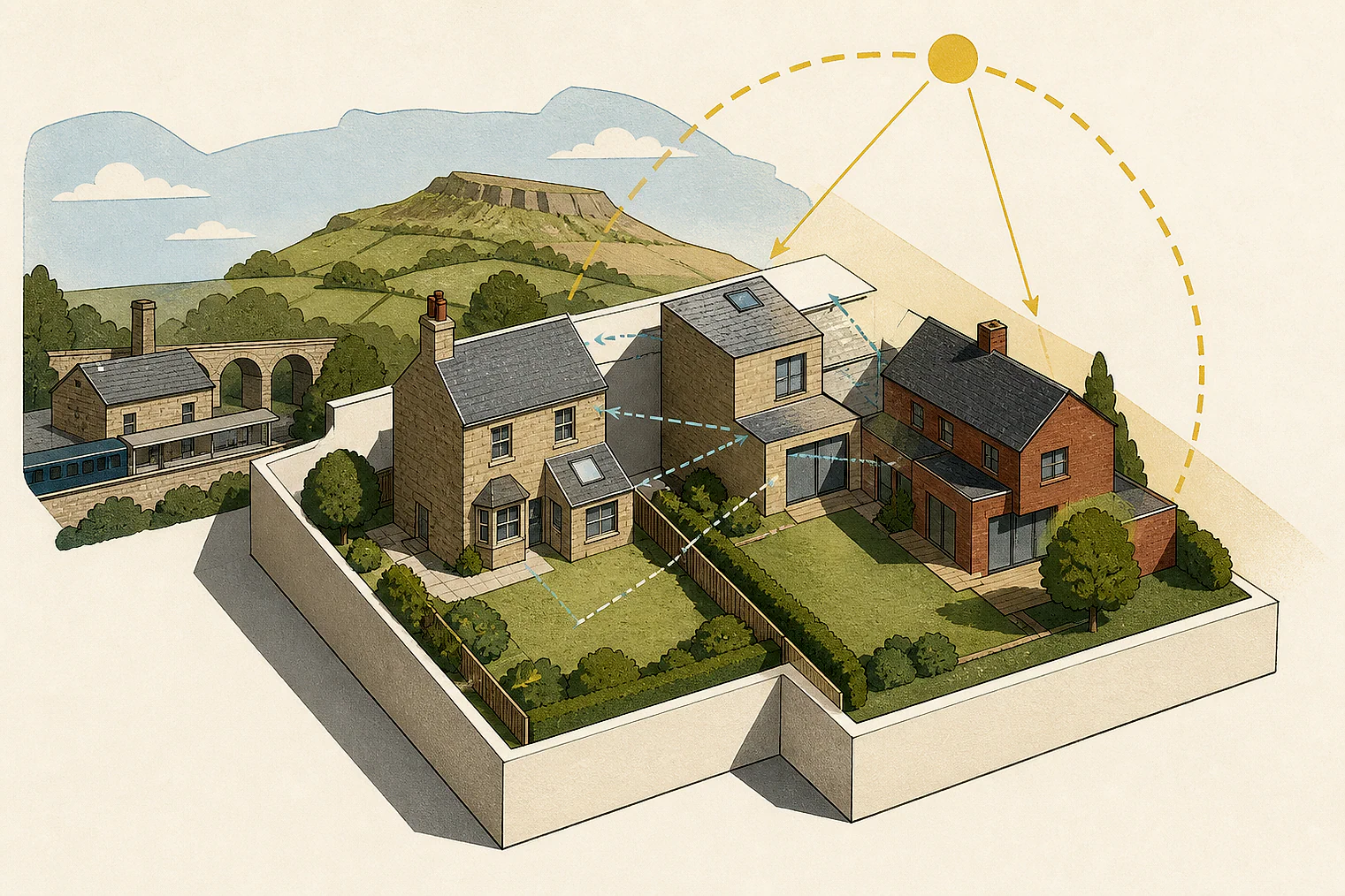 Cut-paper illustration of an imaginary privacy, daylight and neighbour living conditions planning issue in Rossendale, with simplified local landmarks.