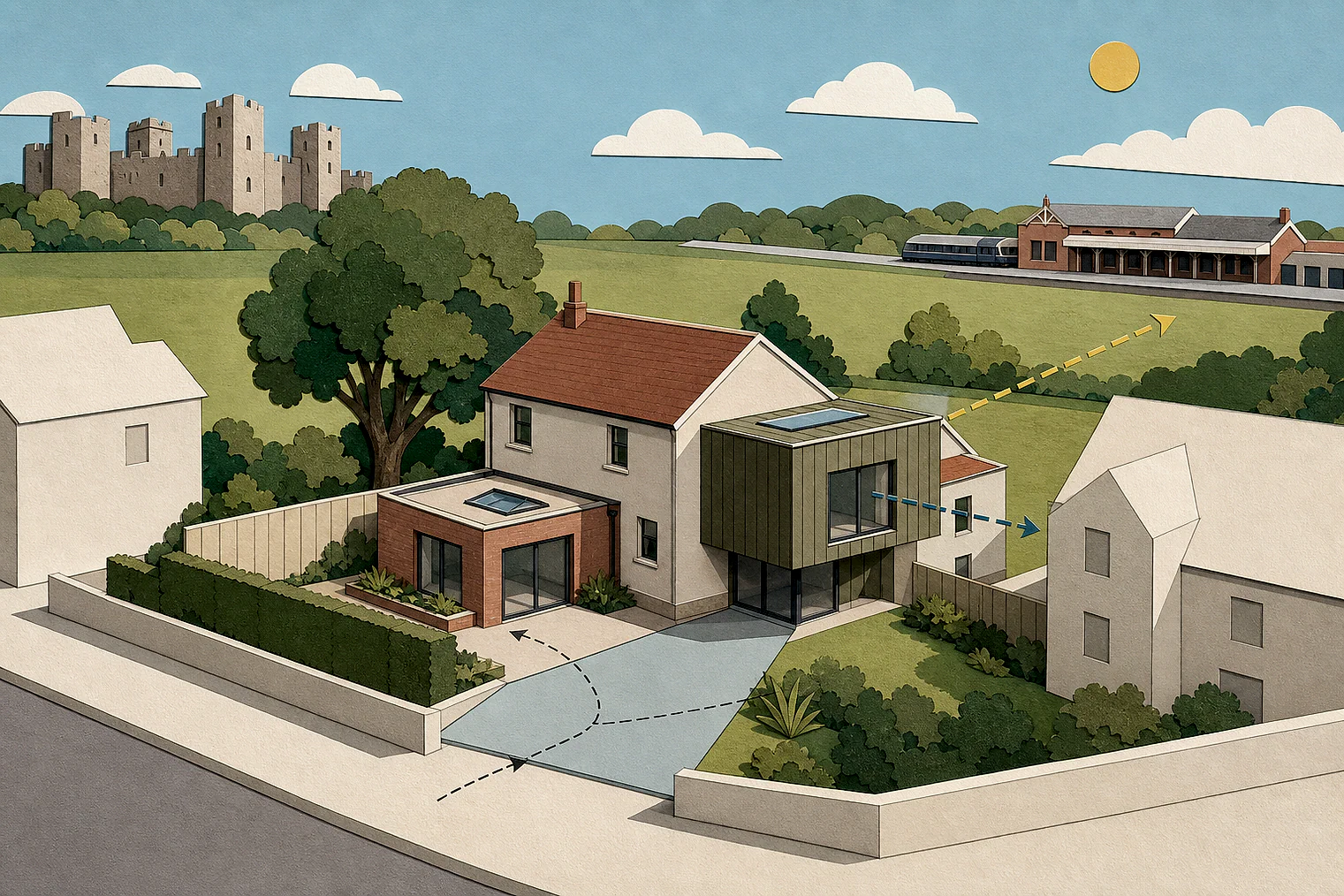 Cut-paper planning illustration for Rother, showing extensions, neighbours, access and open land near simplified local landmarks.