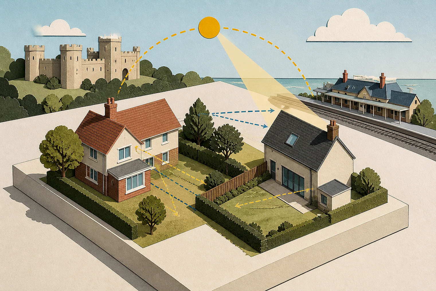 Cut-paper illustration of an imaginary privacy, daylight and neighbour living conditions planning issue in Rother, with simplified local landmarks.