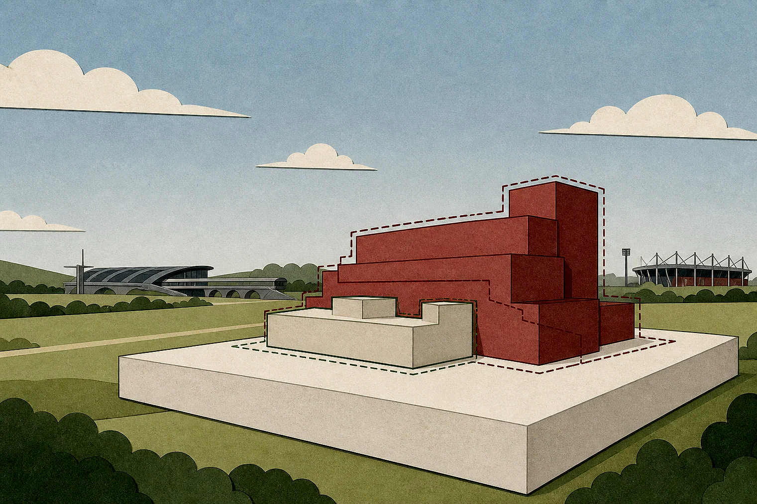 Cut-paper illustration of an imaginary building scale and Green Belt openness planning issue in Rotherham Metropolitan, with simplified local landmarks.