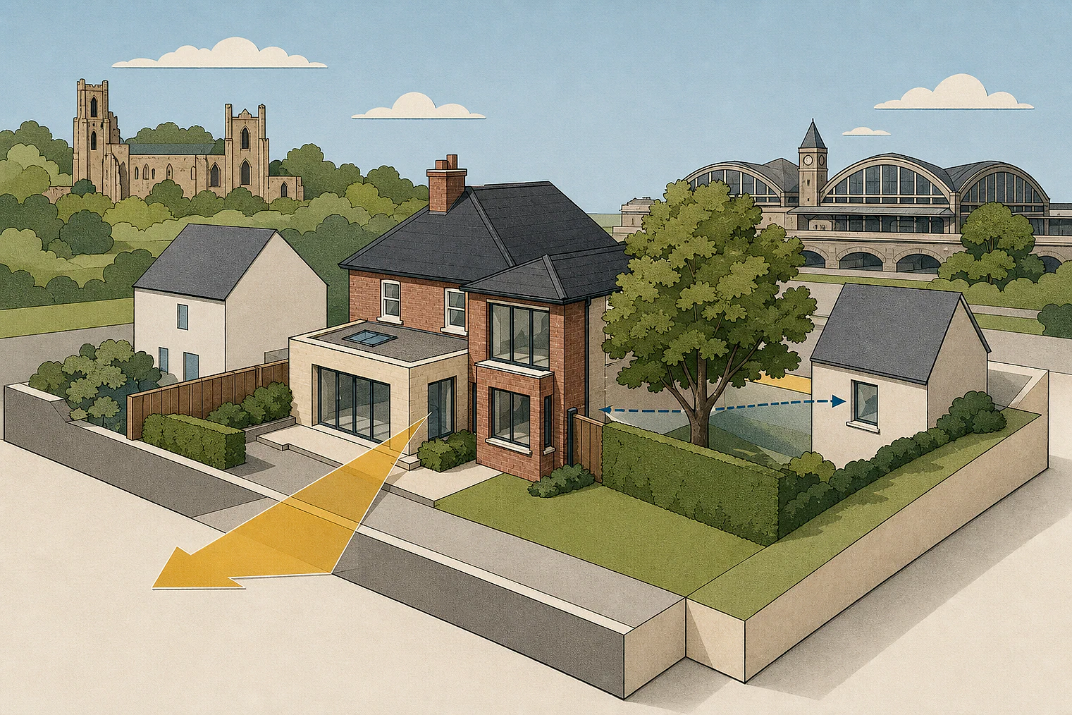 Cut-paper planning illustration for Rotherham Metropolitan, showing extensions, neighbours, access and open land near simplified local landmarks.