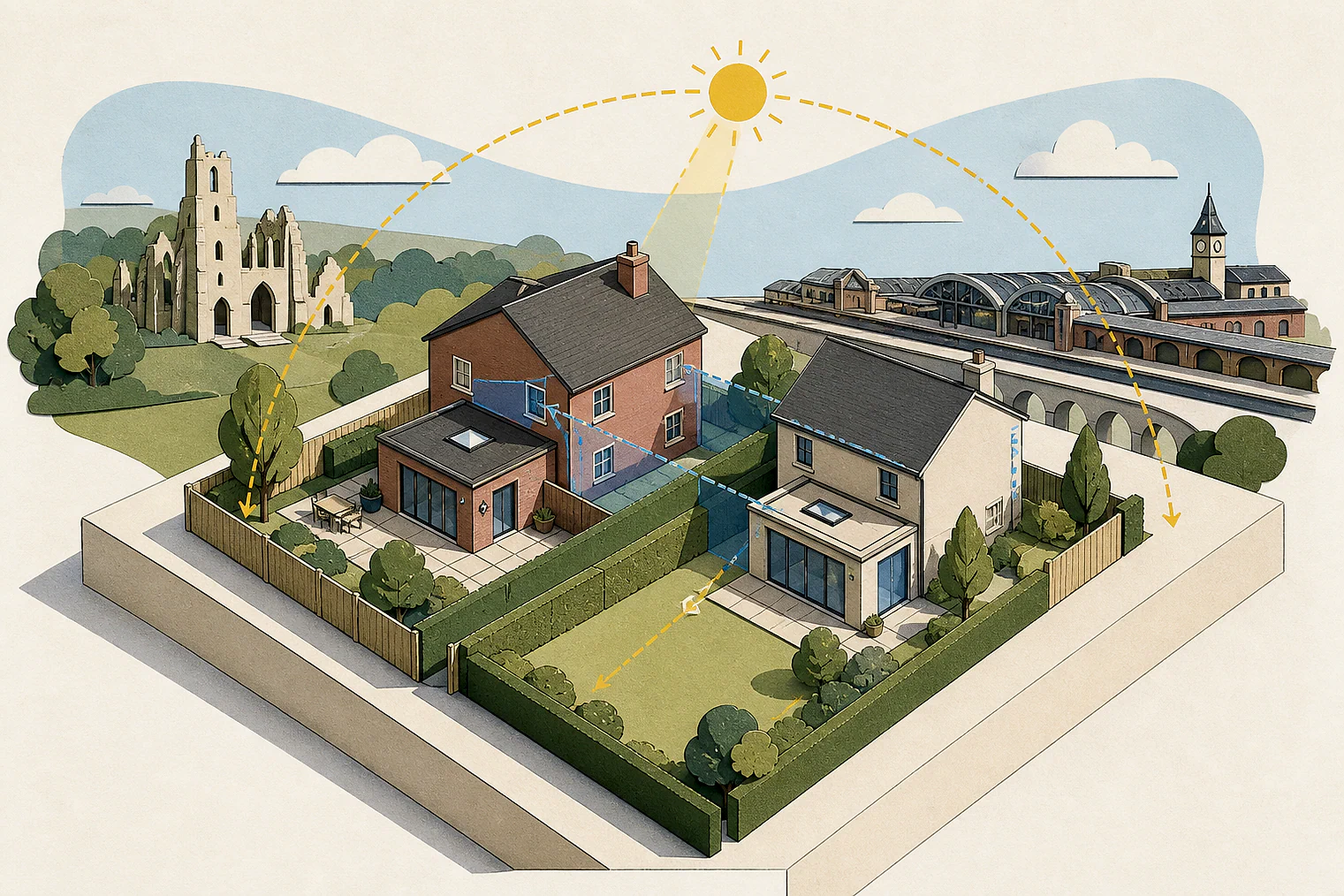 Cut-paper illustration of an imaginary privacy, daylight and neighbour living conditions planning issue in Rotherham Metropolitan, with simplified local landmarks.