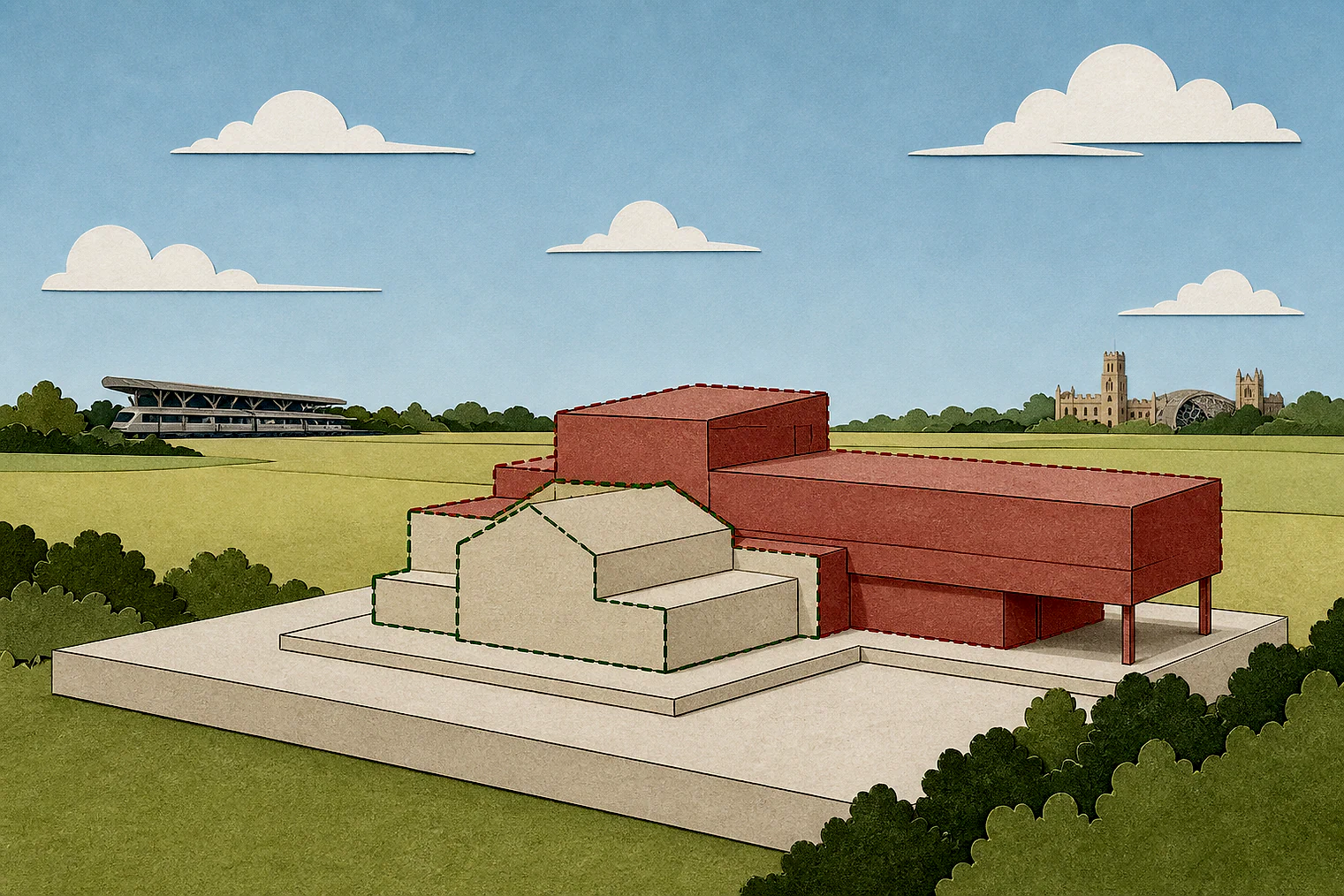 Cut-paper illustration of an imaginary building scale and Green Belt openness planning issue in Rugby, with simplified local landmarks.