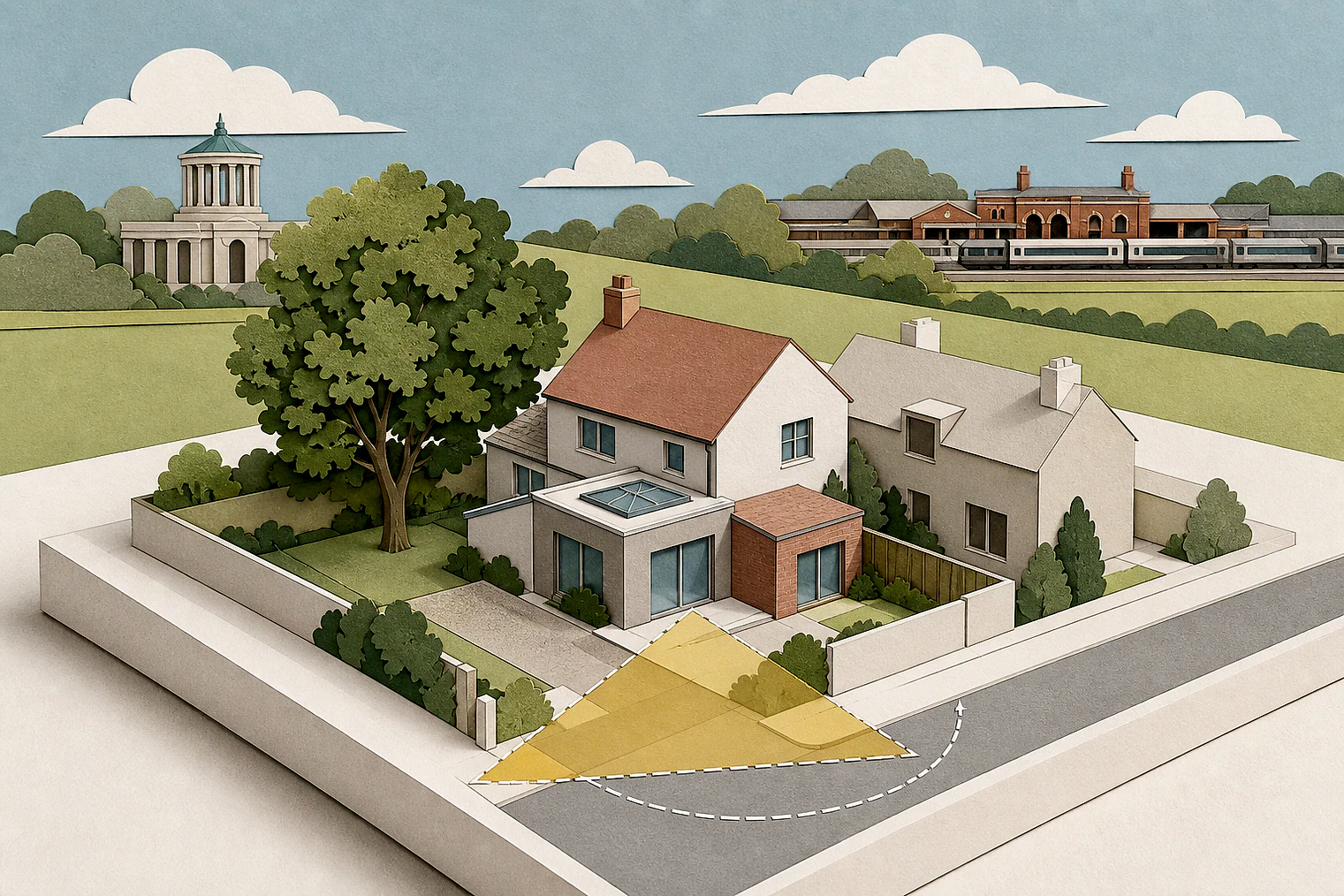 Cut-paper planning illustration for Rugby, showing extensions, neighbours, access and open land near simplified local landmarks.