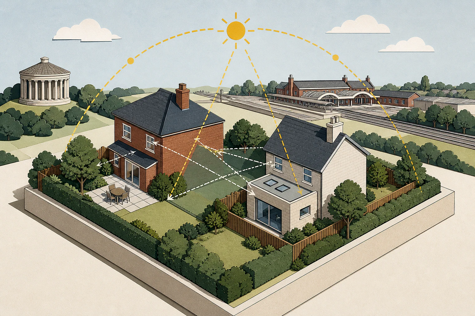 Cut-paper illustration of an imaginary privacy, daylight and neighbour living conditions planning issue in Rugby, with simplified local landmarks.