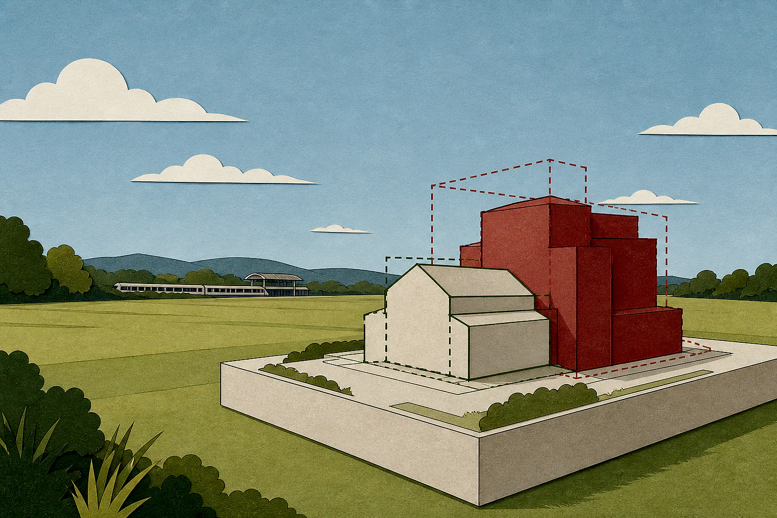 Cut-paper illustration of an imaginary building scale and Green Belt openness planning issue in Runnymede, with simplified local landmarks.
