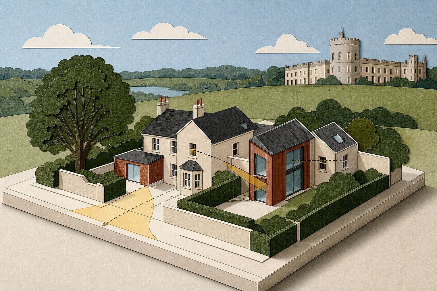 Cut-paper planning illustration for Runnymede, showing extensions, neighbours, access and open land near simplified local landmarks.