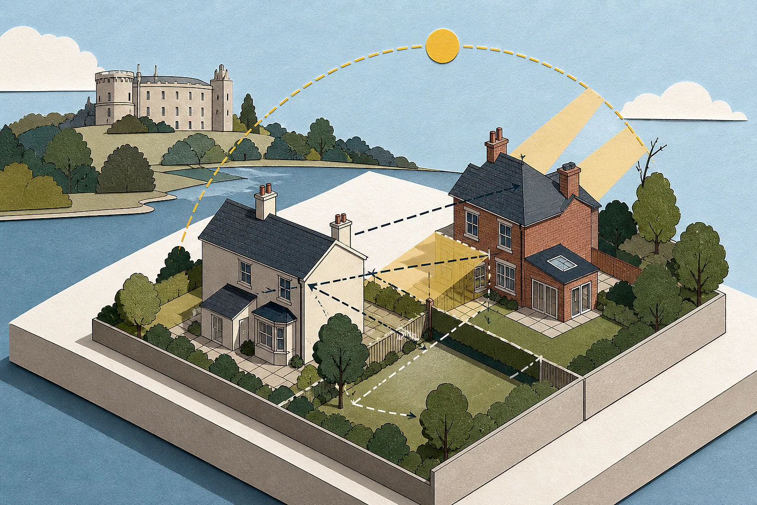 Cut-paper illustration of an imaginary privacy, daylight and neighbour living conditions planning issue in Runnymede, with simplified local landmarks.