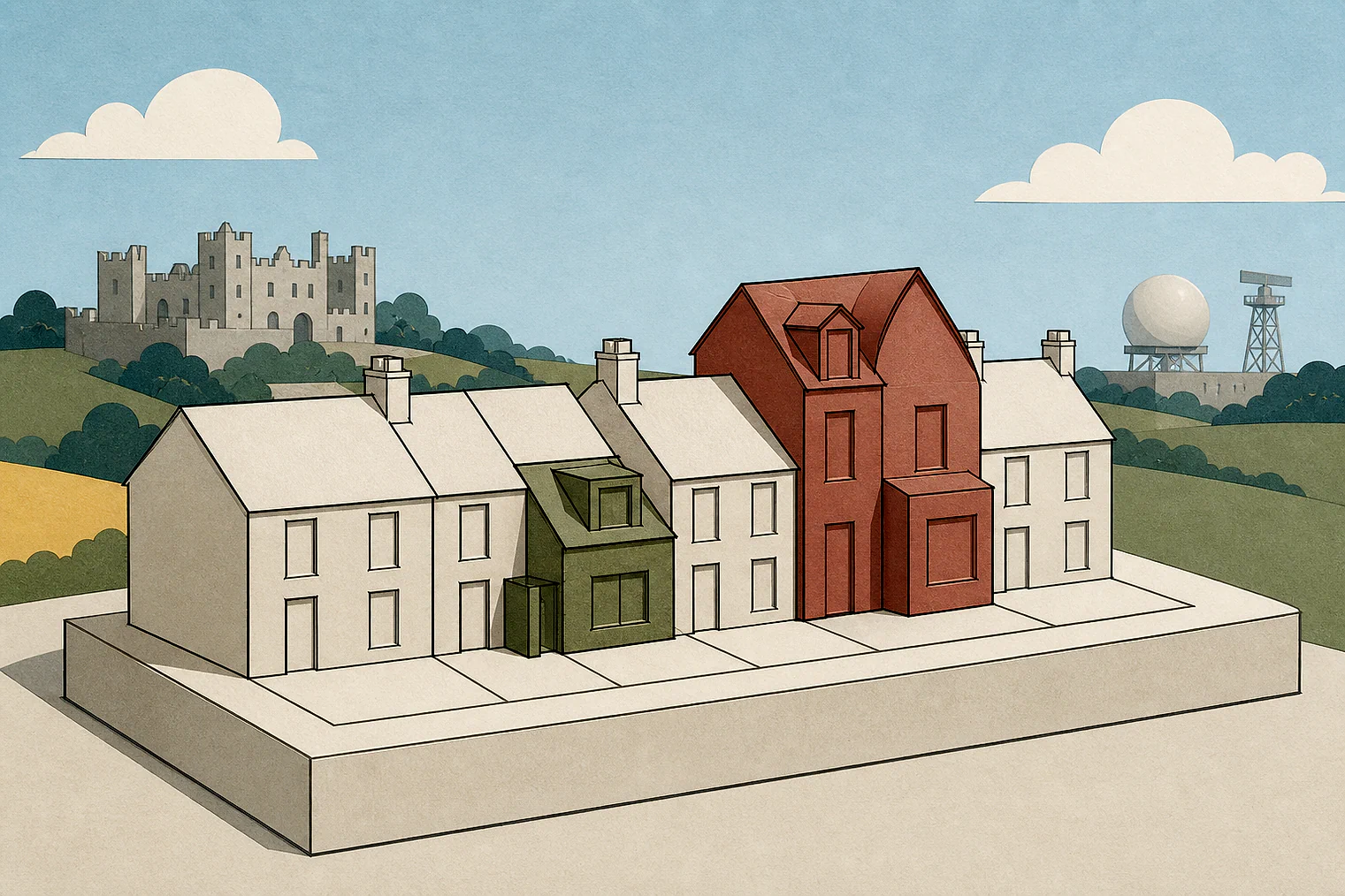 Cut-paper illustration of an imaginary character, scale and appearance planning issue in Rushcliffe, with simplified local landmarks.