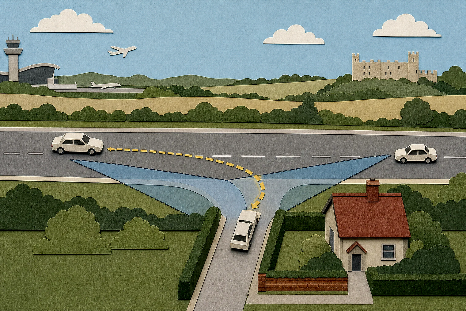 Cut-paper illustration of an imaginary access, visibility and highway safety planning issue in Rushcliffe, with simplified local landmarks.