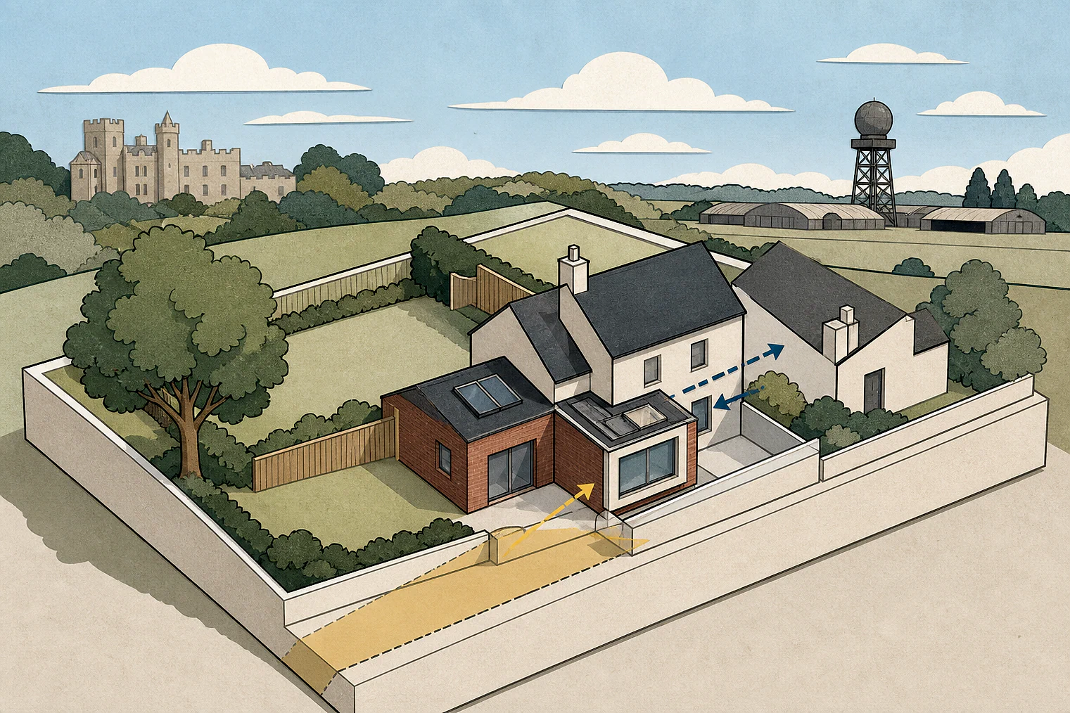 Cut-paper planning illustration for Rushcliffe, showing extensions, neighbours, access and open land near simplified local landmarks.