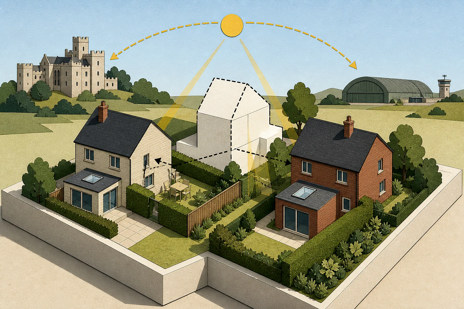 Cut-paper illustration of an imaginary privacy, daylight and neighbour living conditions planning issue in Rushcliffe, with simplified local landmarks.