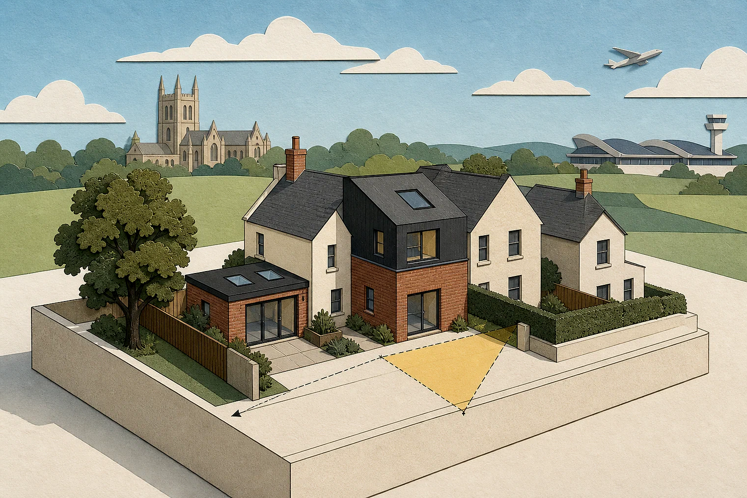 Cut-paper planning illustration for Rushmoor, showing extensions, neighbours, access and open land near simplified local landmarks.