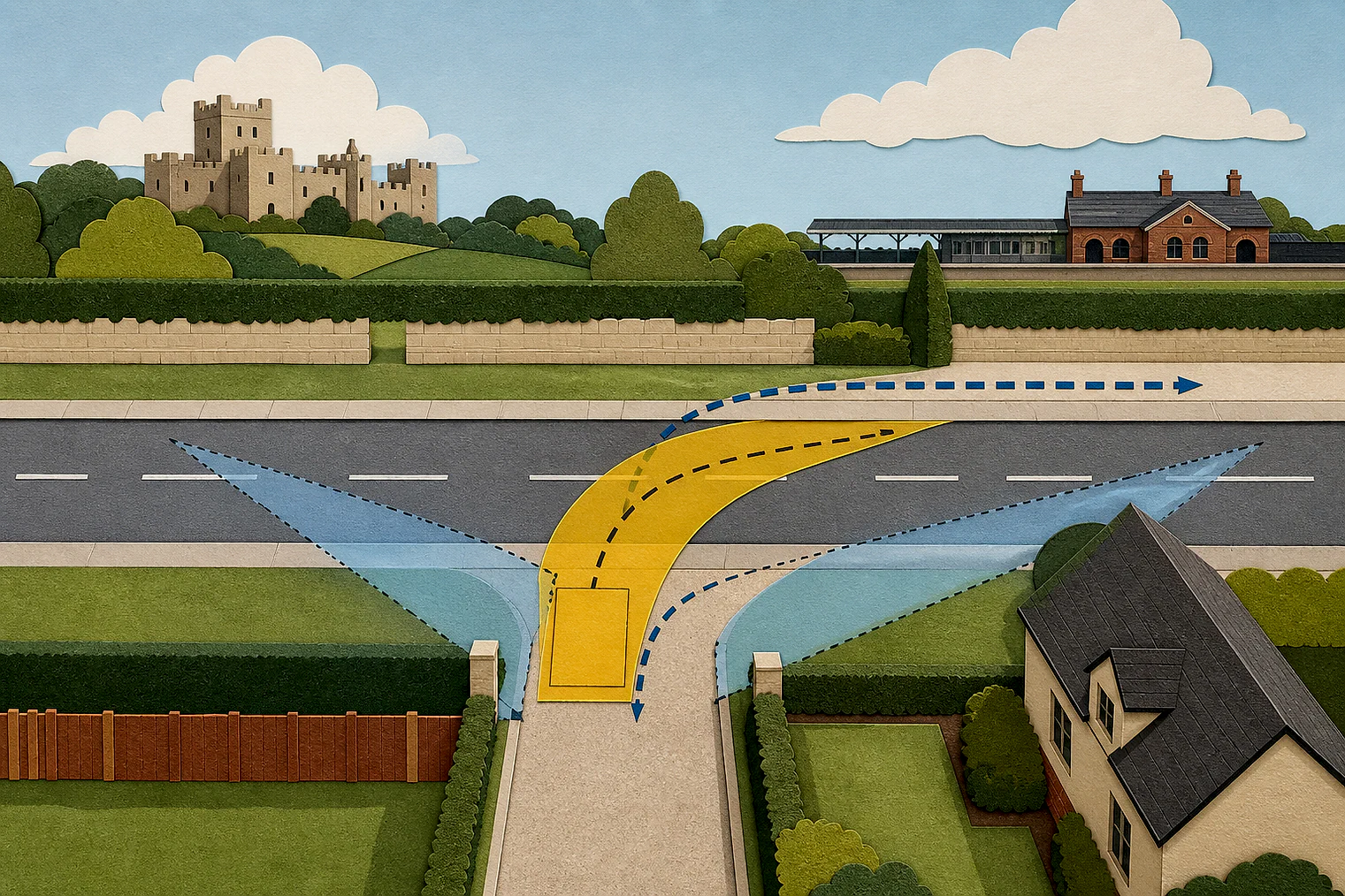 Cut-paper illustration of an imaginary access, visibility and highway safety planning issue in Rutland, with simplified local landmarks.