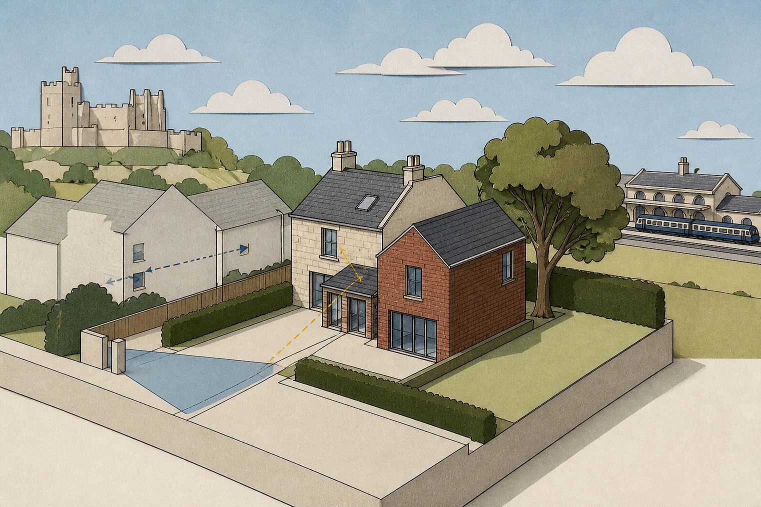 Cut-paper planning illustration for Rutland, showing extensions, neighbours, access and open land near simplified local landmarks.