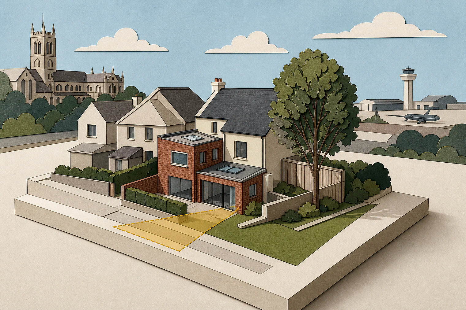 Cut-paper planning illustration for Salford, showing extensions, neighbours, access and open land near simplified local landmarks.