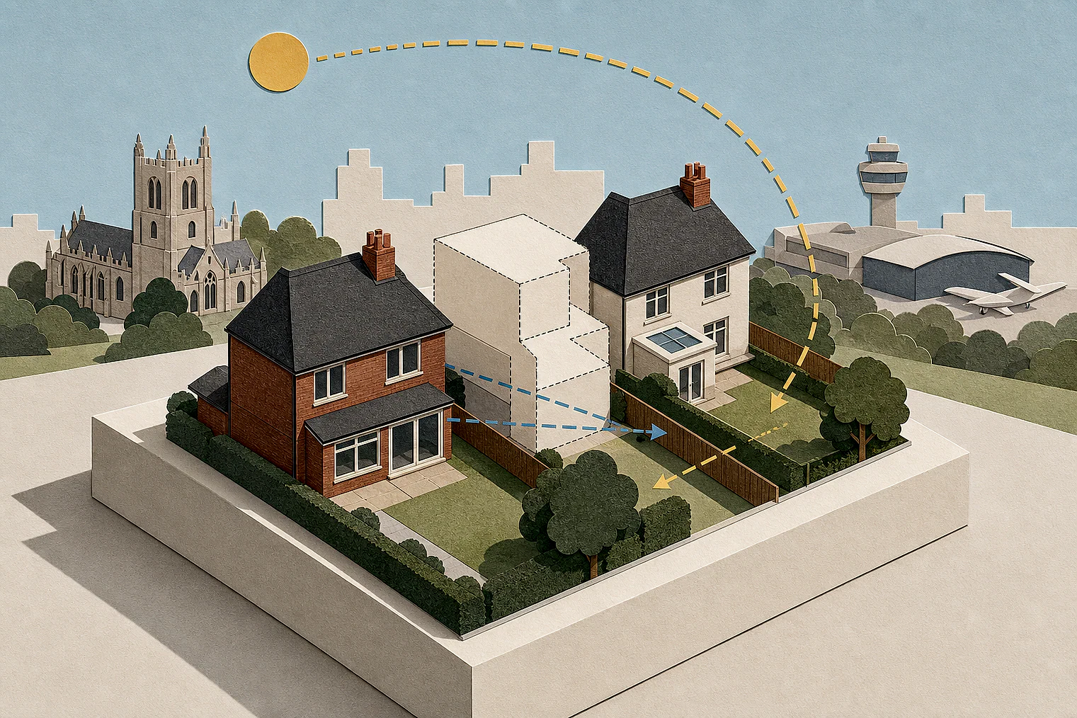 Cut-paper illustration of an imaginary privacy, daylight and neighbour living conditions planning issue in Salford, with simplified local landmarks.