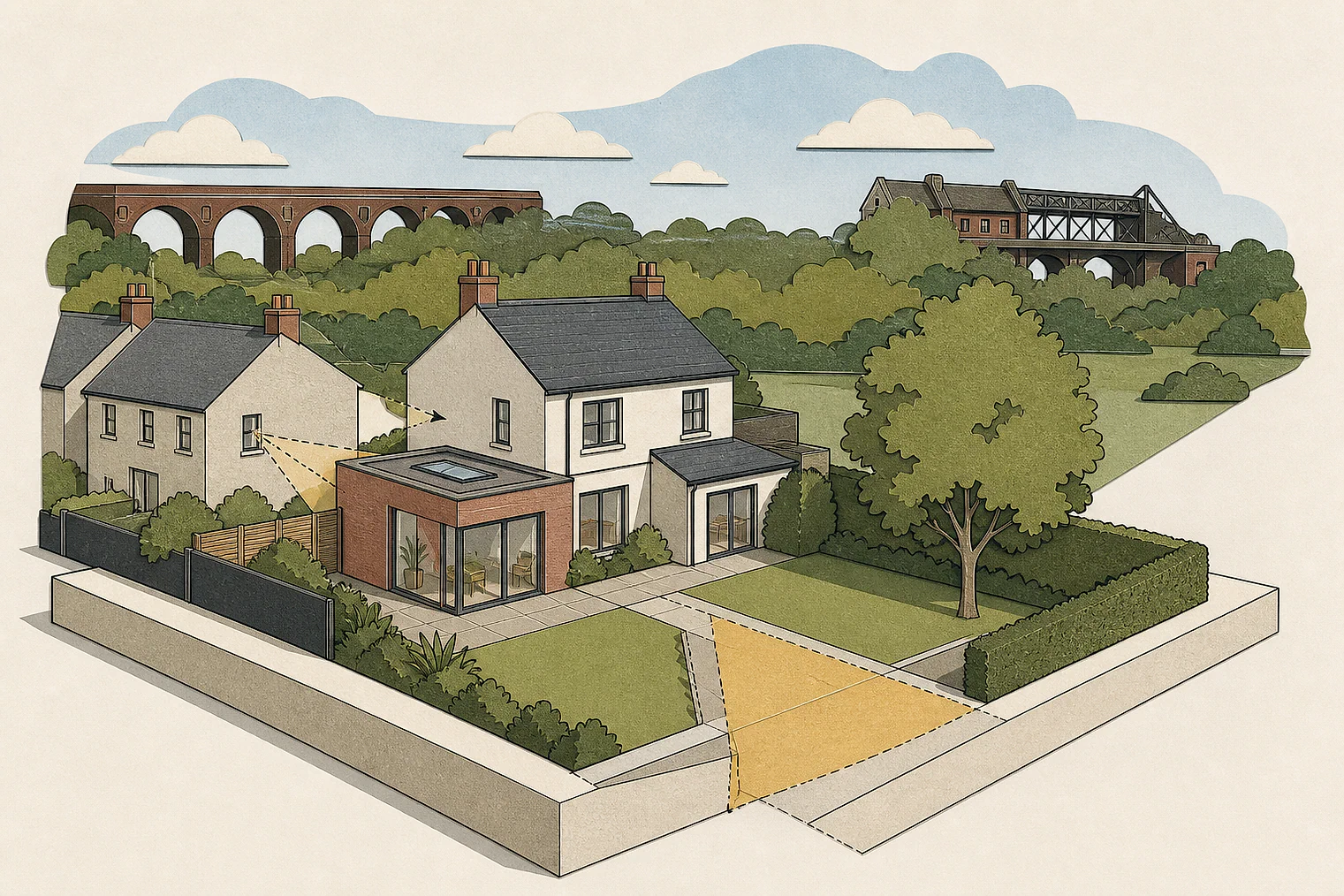 Cut-paper planning illustration for Sandwell Metropolitan, showing extensions, neighbours, access and open land near simplified local landmarks.
