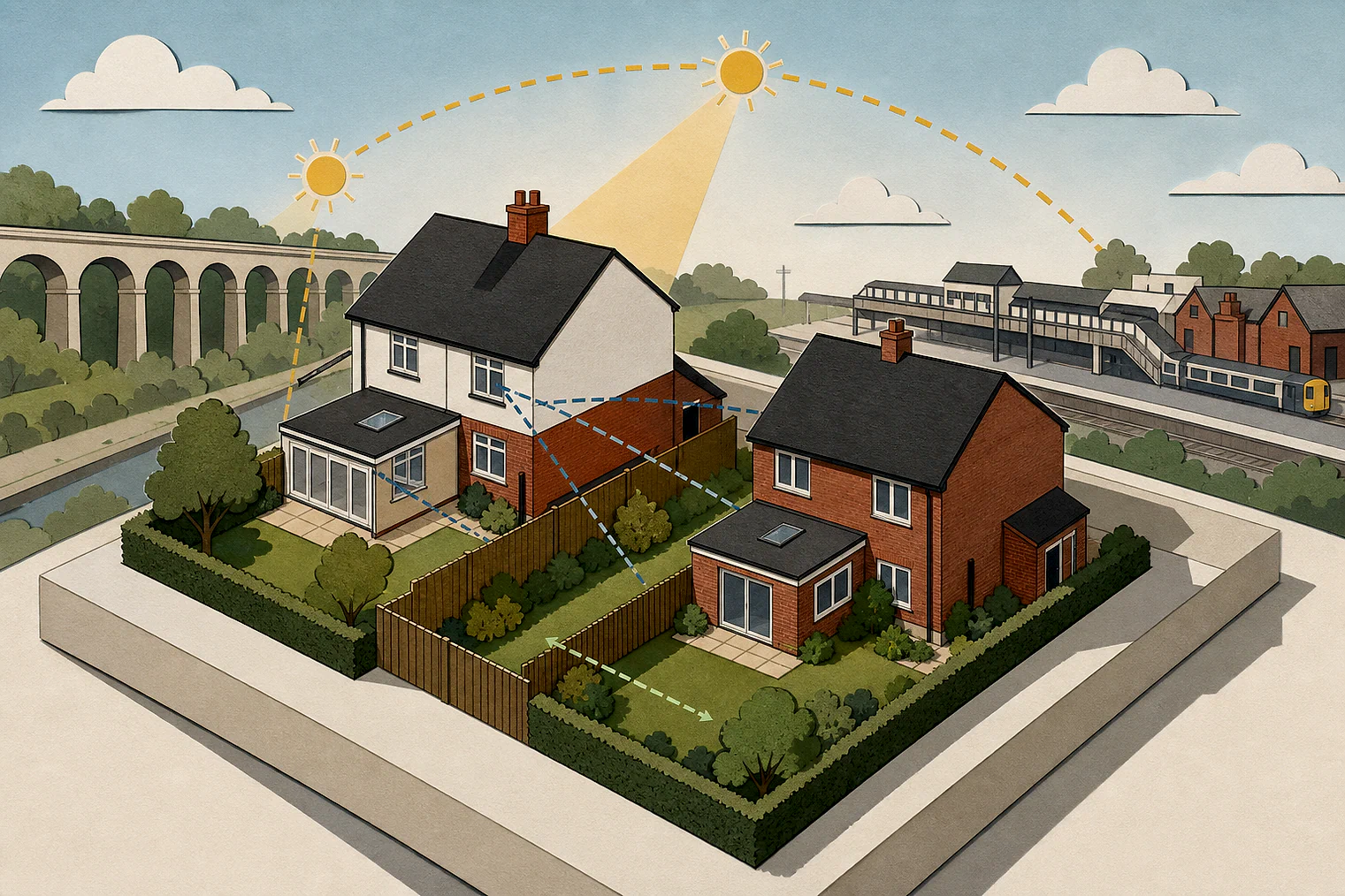 Cut-paper illustration of an imaginary privacy, daylight and neighbour living conditions planning issue in Sandwell Metropolitan, with simplified local landmarks.