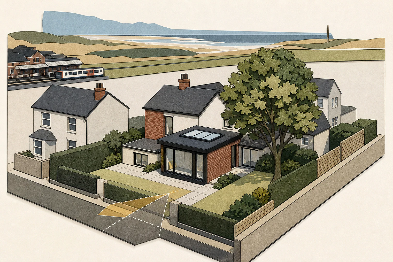 Cut-paper planning illustration for Sefton Metropolitan, showing extensions, neighbours, access and open land near simplified local landmarks.