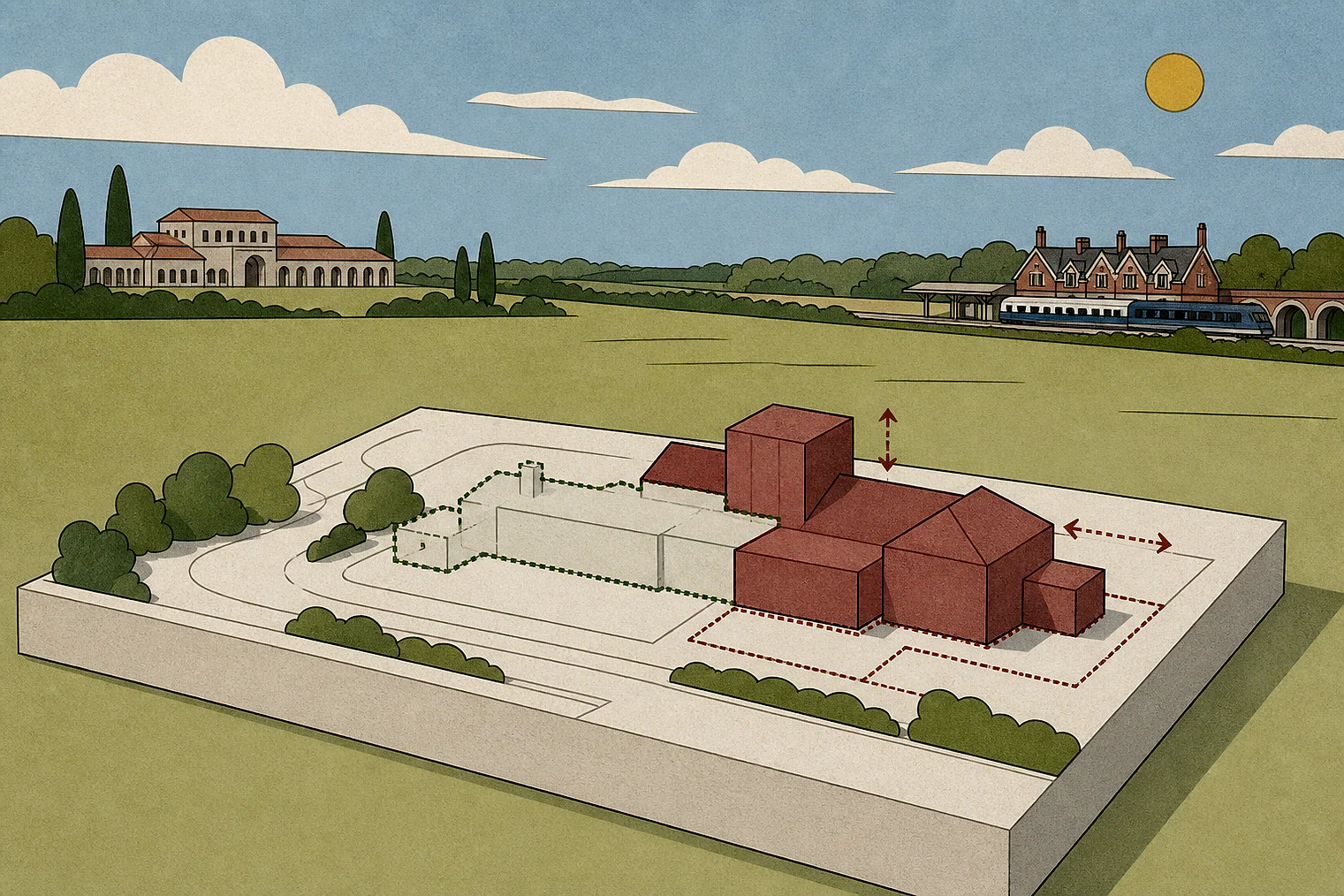 Cut-paper illustration of an imaginary building scale and Green Belt openness planning issue in Sevenoaks, with simplified local landmarks.