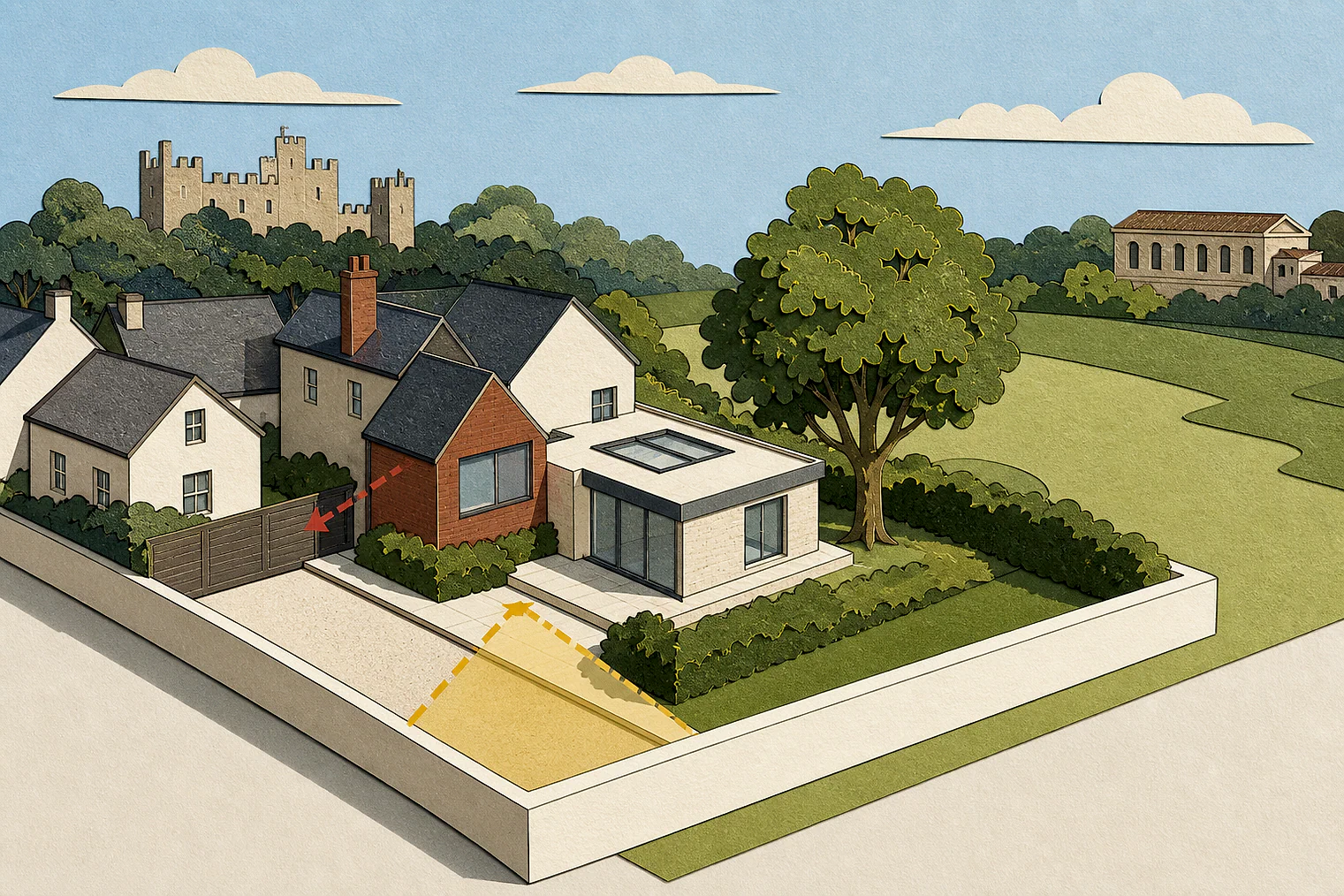 Cut-paper planning illustration for Sevenoaks, showing extensions, neighbours, access and open land near simplified local landmarks.