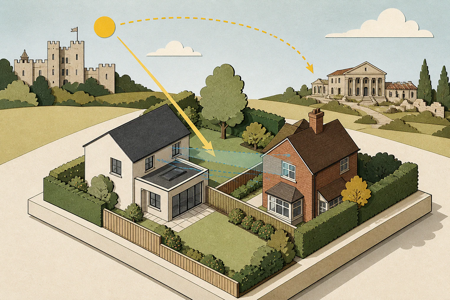 Cut-paper illustration of an imaginary privacy, daylight and neighbour living conditions planning issue in Sevenoaks, with simplified local landmarks.