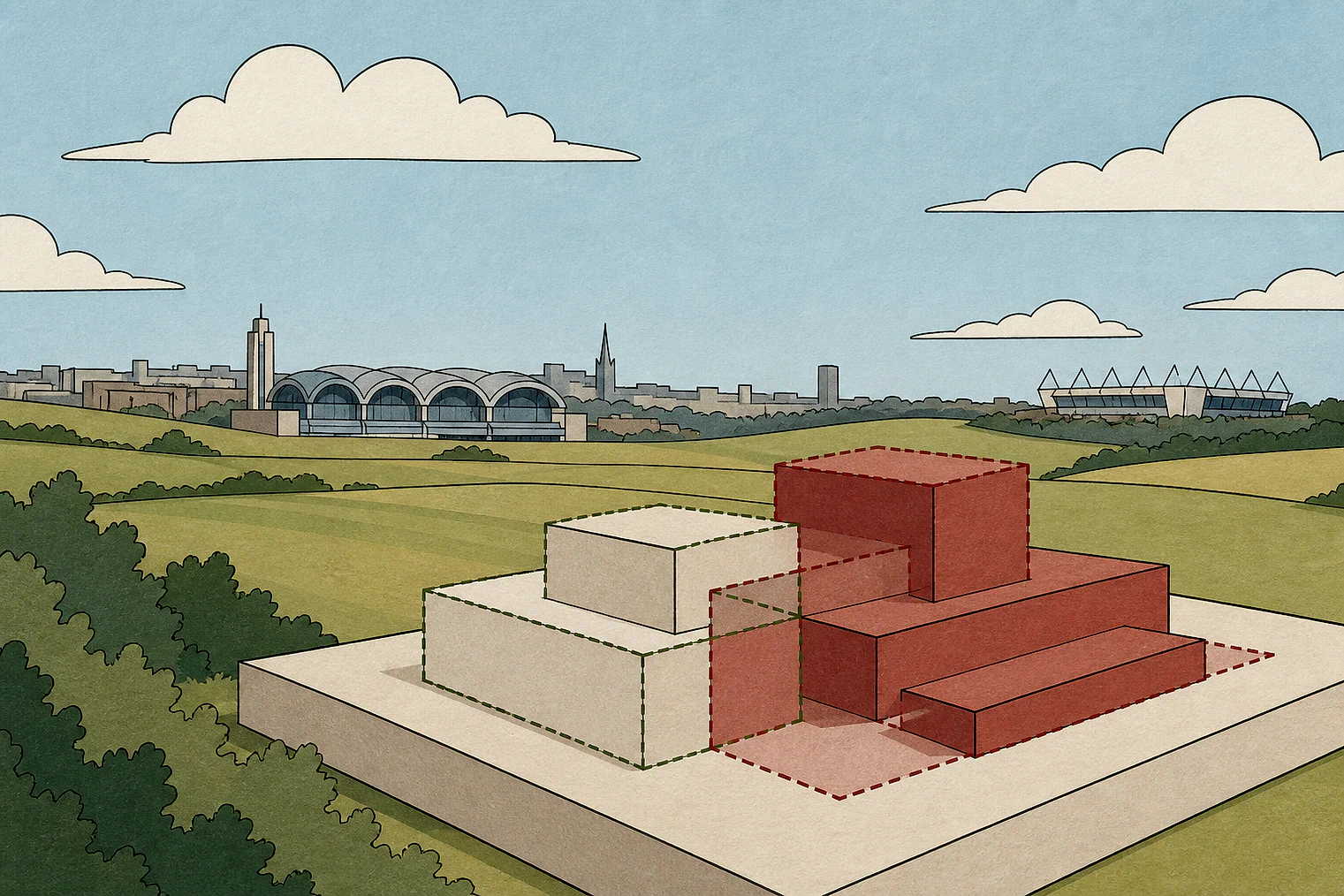 Cut-paper illustration of an imaginary building scale and Green Belt openness planning issue in Sheffield, with simplified local landmarks.