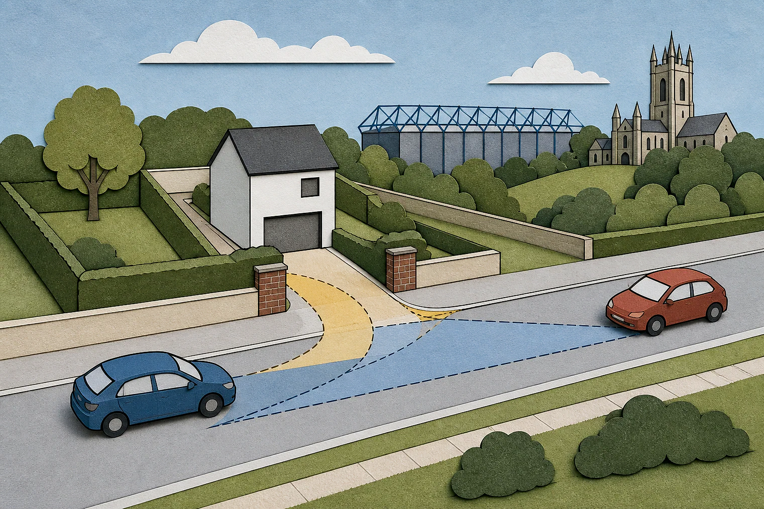 Cut-paper illustration of an imaginary access, visibility and highway safety planning issue in Sheffield, with simplified local landmarks.