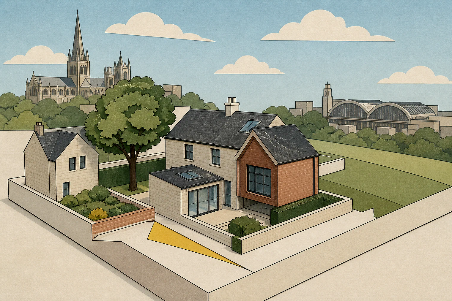 Cut-paper planning illustration for Sheffield, showing extensions, neighbours, access and open land near simplified local landmarks.