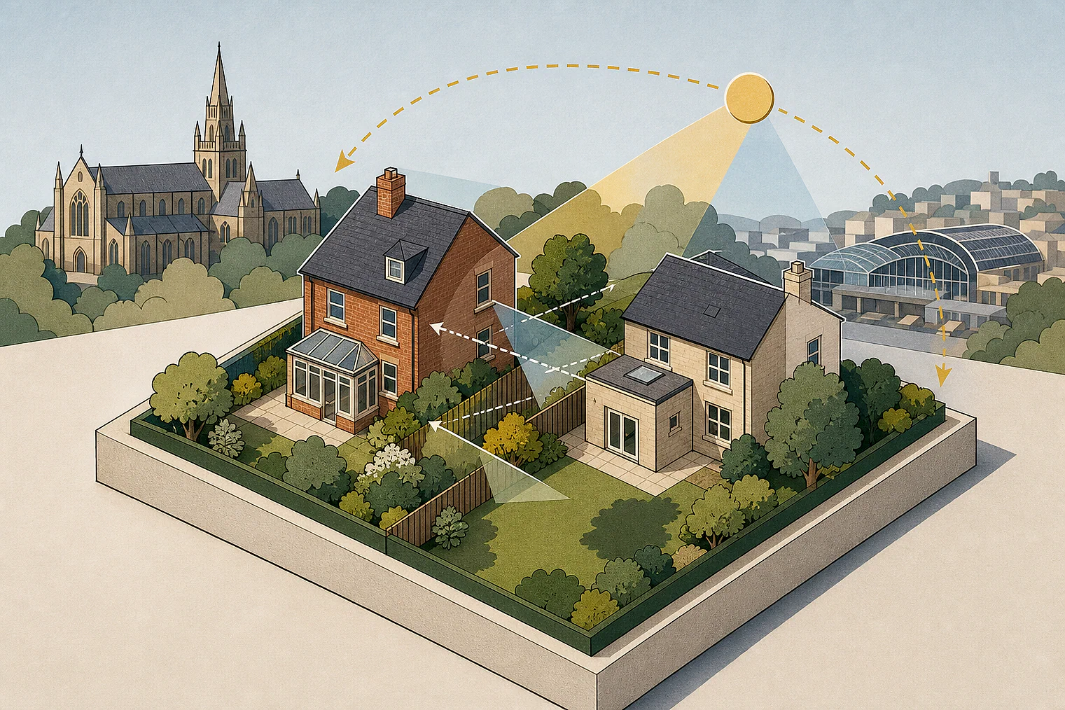 Cut-paper illustration of an imaginary privacy, daylight and neighbour living conditions planning issue in Sheffield, with simplified local landmarks.
