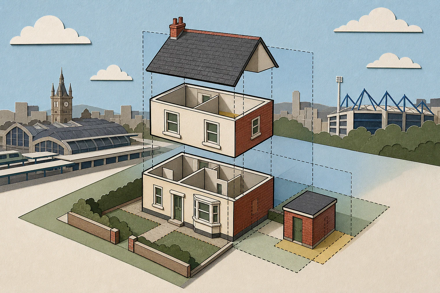 Cut-paper illustration of an imaginary permitted development dimensions and building relationships planning issue in Sheffield, with simplified local landmarks.
