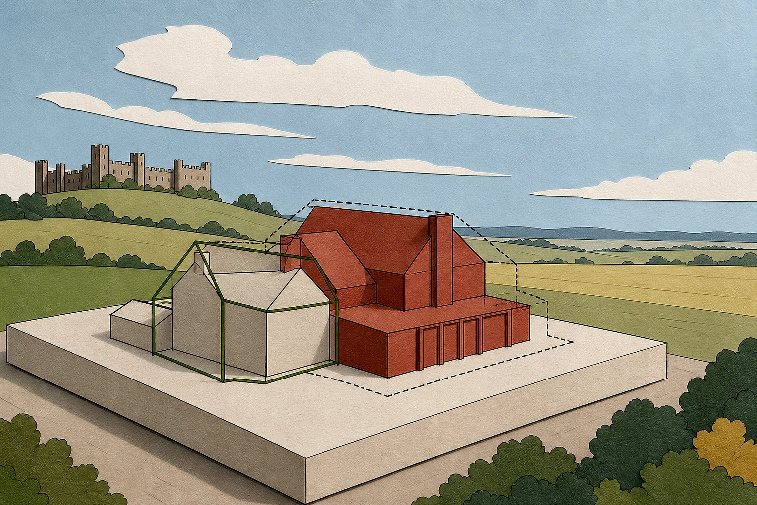 Cut-paper illustration of an imaginary building scale and Green Belt openness planning issue in Shropshire, with simplified local landmarks.