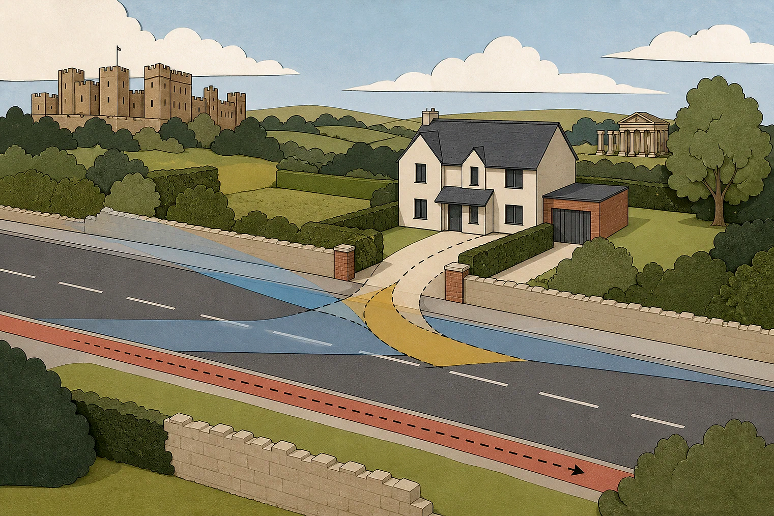 Cut-paper illustration of an imaginary access, visibility and highway safety planning issue in Shropshire, with simplified local landmarks.