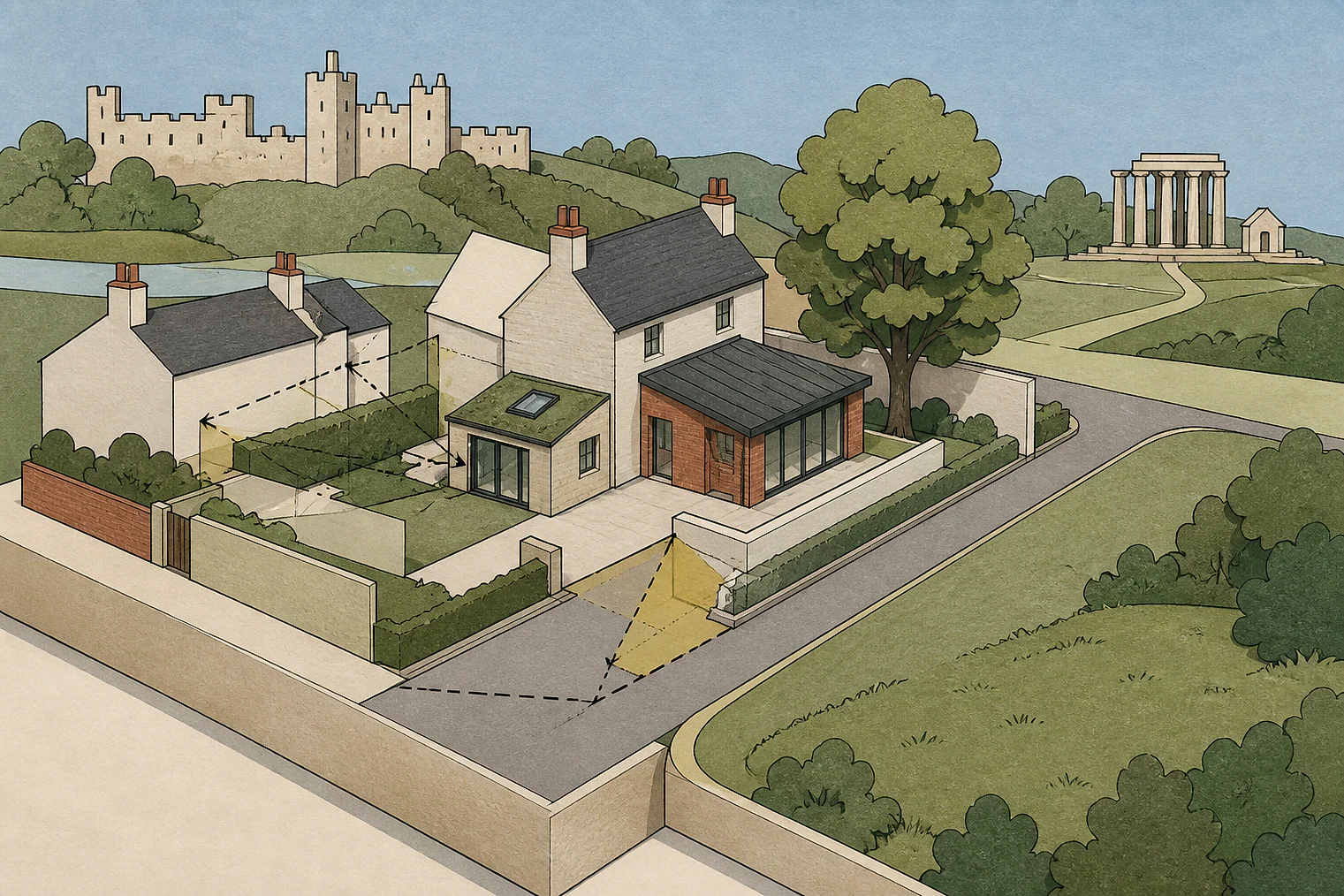 Cut-paper planning illustration for Shropshire, showing extensions, neighbours, access and open land near simplified local landmarks.