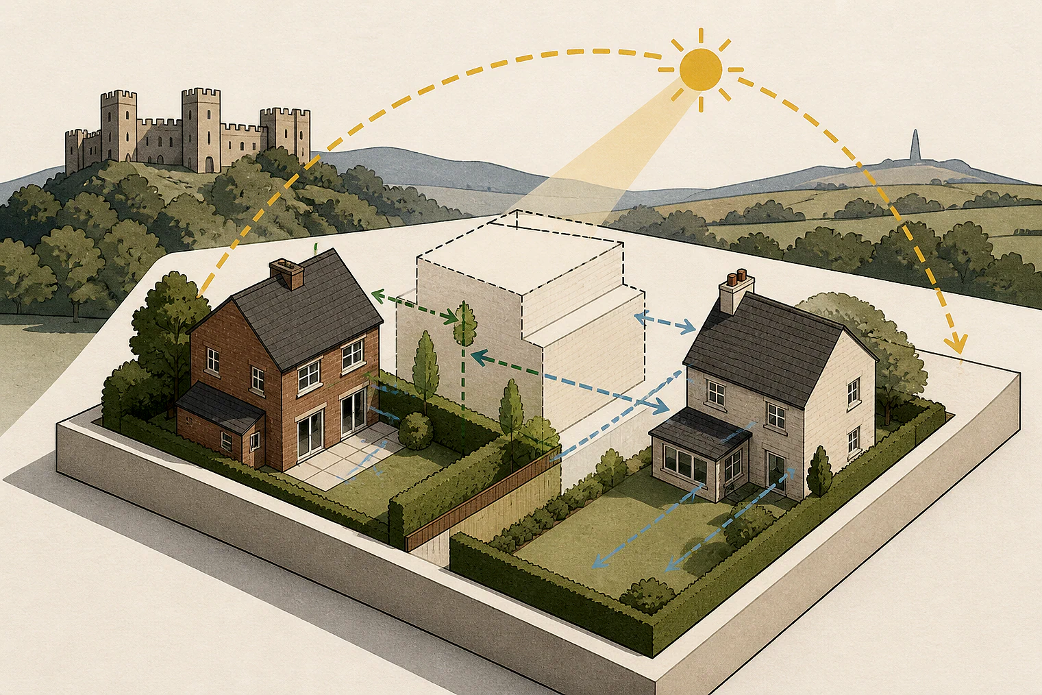 Cut-paper illustration of an imaginary privacy, daylight and neighbour living conditions planning issue in Shropshire, with simplified local landmarks.