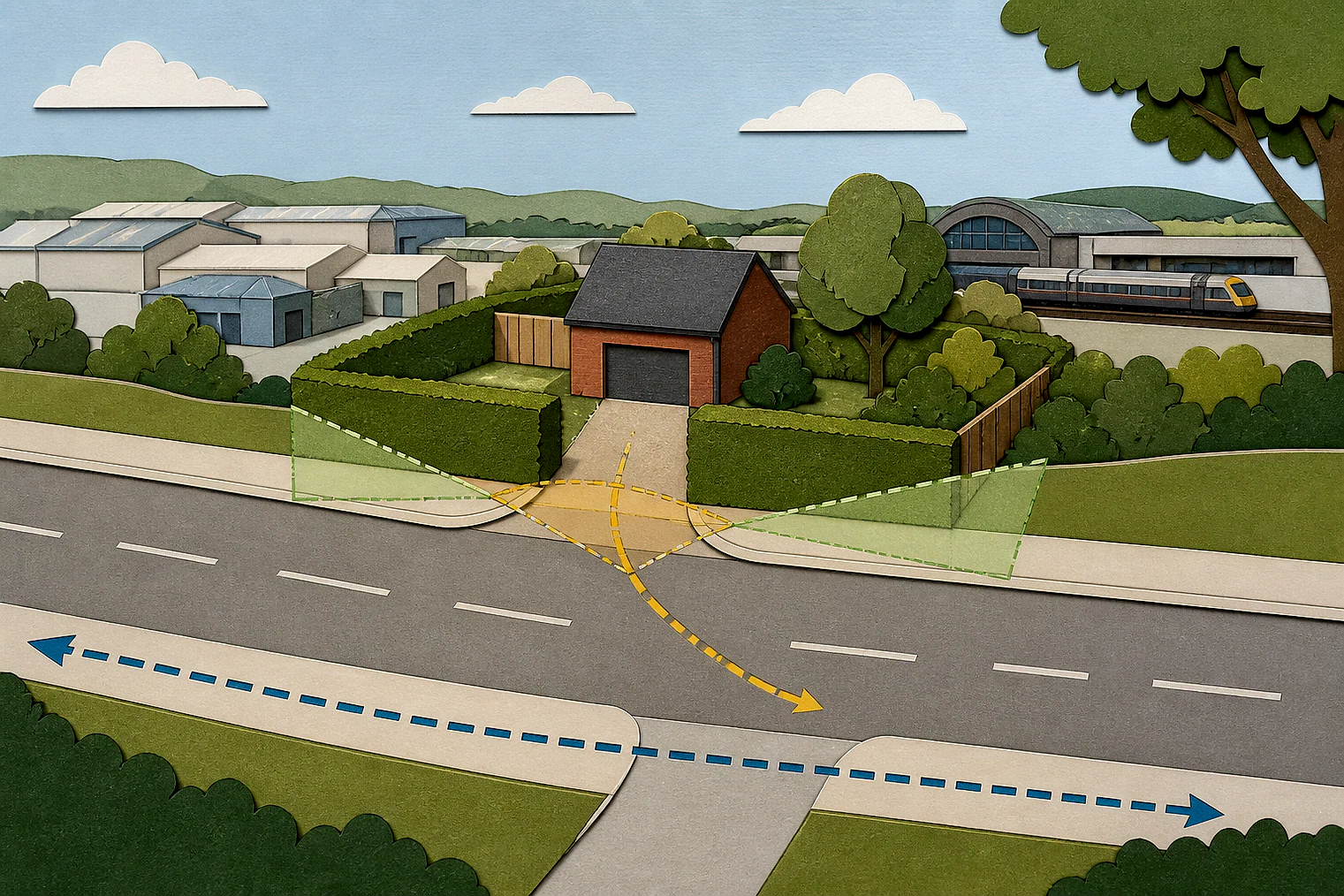 Cut-paper illustration of an imaginary access, visibility and highway safety planning issue in Slough, with simplified local landmarks.